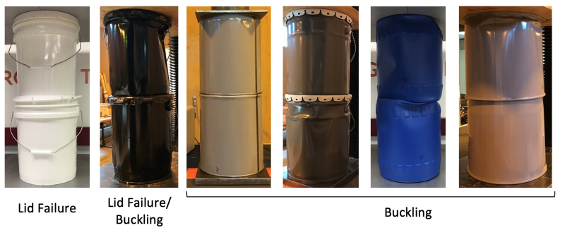 Image 5. Representative modes of failure for the single stack pail compression test. 